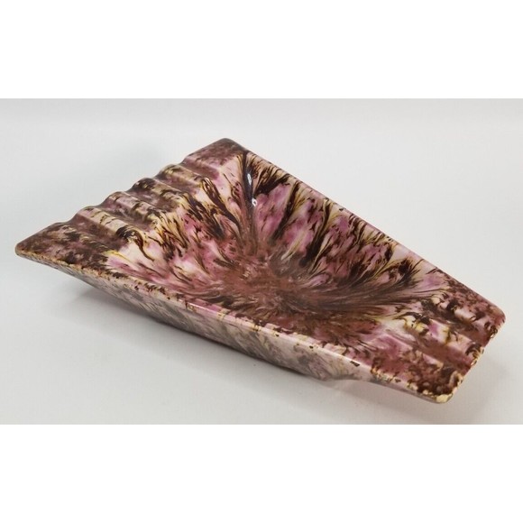 VINTAGE MCM Art Deco Ashtray Geometric Ceramic Brown Gold Pink Purple - Picture 1 of 10